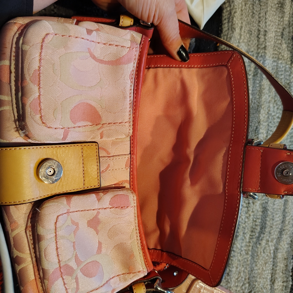 Pink Patterned Shoulder Bag with Coral Trim